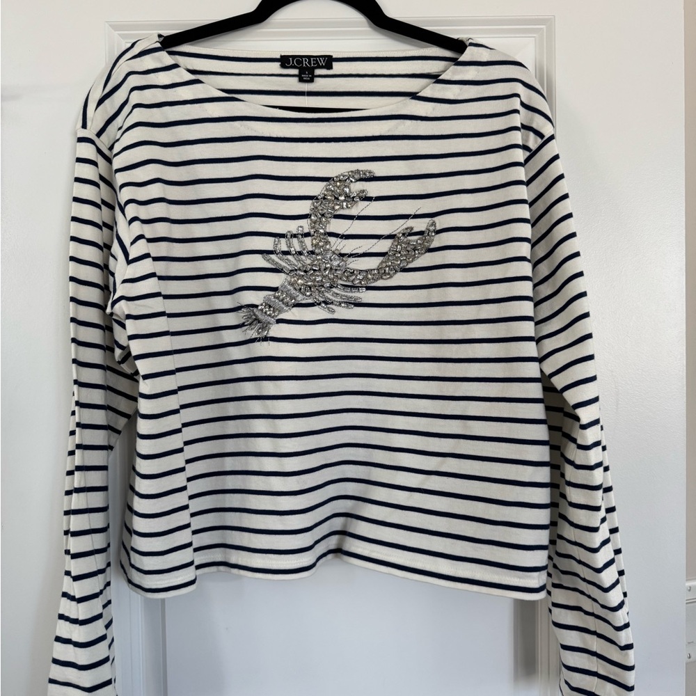 J. Crew White and Navy Striped Long Sleeve Top with beaded Lobster Design